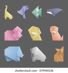 Collection of 10 simple origami symbol,icon of Animals.Origami paper toys.Pets, Wild,Farm animals.Colorful,Realistic icon of animals.Origami animals design.Vector illustration.Isolated on black.Eps 10