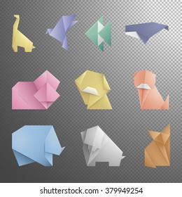 Collection of 10 simple origami symbol,icon of Animals.Origami paper toys.Pets, Wild,Farm animals.Colorful,Realistic icon of animals.Origami animals design.Vector illustration.Isolated on black.Eps 10