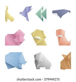 Collection of 10 simple origami symbol,icon of Animals.Origami paper toys.Pets, Wild,Farm animals.Colorful,Realistic icon of animals.Origami animals design.Vector illustration.Isolated on white.Eps 10