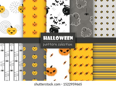 Collection of 10 simple seamless patterns in Halloween style with pumpkin and witch's bow, flat style, for gift wrap, textiles or holiday decorations. 
