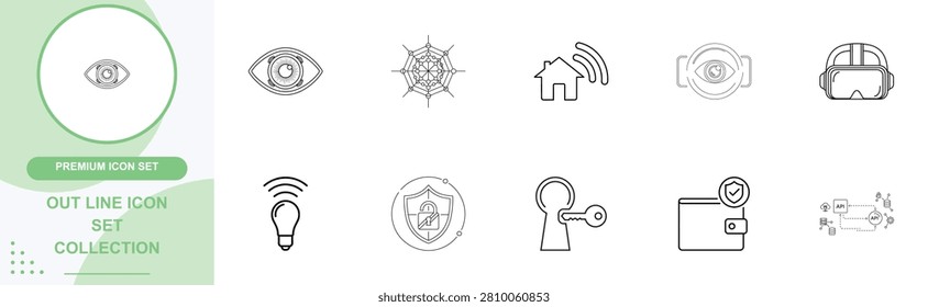 Collection of 10 smart home outline icons. internet of things, eye, spider web, smart home and more. minimal outline design.