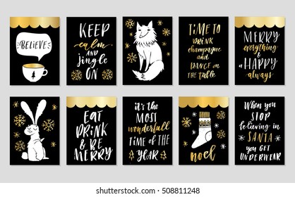 Collection of 10 stylish black gold and white New year and christmas gift cards. Set of cute printable hand drawn holiday tags posters flyers greeting cards templates. Vector seasonal design