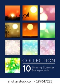 Collection of 10 summer shining backgrounds with blurred bokeh lights. Vector illustration