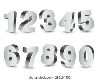 Collection of 10 three-dimensional numbers on white background
