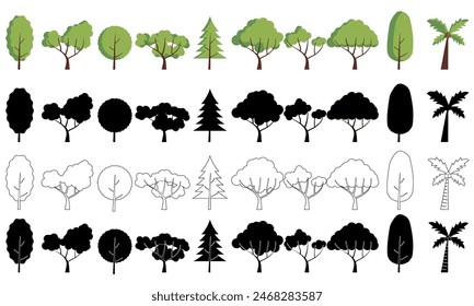 Collection of 10 Tree Graphic elements in Colour, Silhouette,  white with black stroke and black with white stroke isolated on a white background