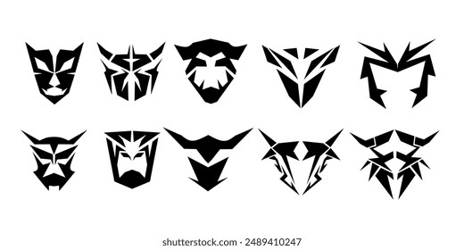 collection of 10 tribal shapes with a stiff touch. Set of Symmetrical Tribal animals mask Pattern Cyber ​​Gothic Elements in Abstract White black Print for t-shirt, hoodie and sweatshirt or card