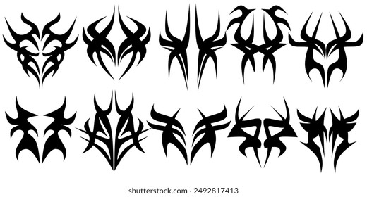 collection of 10 tribal shapes with a stiff touch. Set of Symmetrical monochrome Tribal Pattern Cyber ​​Gothic Elements in Abstract White black Print for t-shirt, hoodie and sweatshirt or card, poster