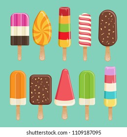 Collection of 10 vector ice cream illustrations. Tasty colorful ice candy set.
