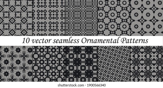 Colección de 10 vectores sin fisuras Patrones ornamentales de color negro y gris