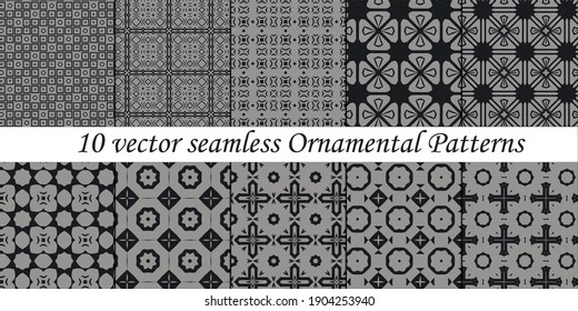 Colección de 10 vectores sin fisuras Patrones ornamentales de color negro y gris