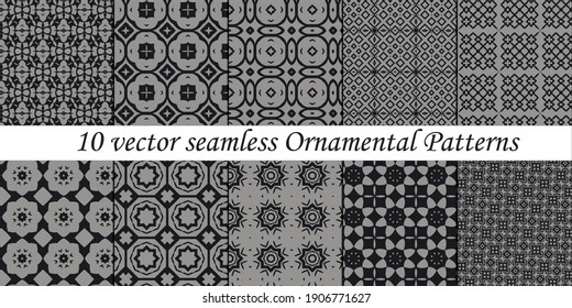 Collection of 10 vector seamless  Ornamental Patterns  black and gray colors