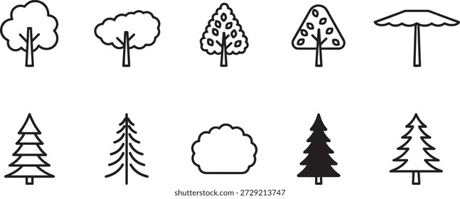 Una colección de 10 diseños de árboles de silueta de Vector, perfectos para ilustraciones y diseños con temas forestales