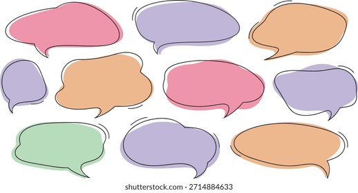 Una colección de 10 vibrantes burbujas de discurso en diferentes colores y Formas sobre un fondo blanco, transmitiendo comunicación y conversación.
