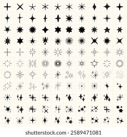 Collection of 100 black starburst icons on a grid. Various starburst shapes, sizes, and styles. Perfect for design, decoration, and graphic projects. Element vector set.