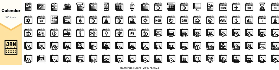 A collection of 100 black and white calendar icons, showcasing various themes and designs, perfect for digital planning and organization.