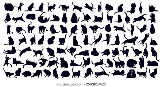 Collection of 100 cat silhouette. Icons with black figures of kittens in different positions. Diverse feline poses. Sitting and jumping pet. Flat vector illustration set isolated on white background