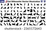 Collection of 100 cat silhouette vector illustrations, showcasing diverse feline poses sitting, standing, walking, jumping. Black silhouettes against a white background. Ideal for pet themed design