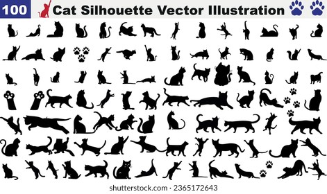 Collection of 100 cat silhouette vector illustrations, showcasing diverse feline poses sitting, standing, walking, jumping. Black silhouettes against a white background. Ideal for pet themed design