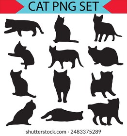 Collection of 100 cat silhouette vector illustrations, showcasing diverse feline poses sitting, standing,