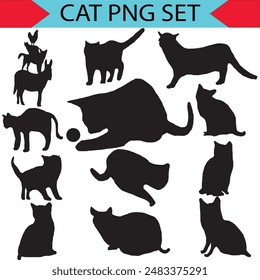 Collection of 100 cat silhouette vector illustrations, showcasing diverse feline poses sitting, standing,