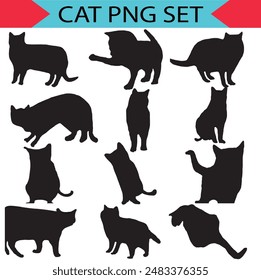 Colección de 100 Ilustraciones vectoriales de silueta de gato, mostrando diversas posturas felinas sentadas