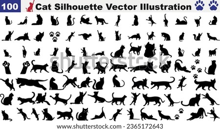 Collection of 100 cat silhouette vector illustrations, showcasing diverse feline poses sitting, standing, walking, jumping. Black silhouettes against a white background. Ideal for pet themed design Сток-фото © 