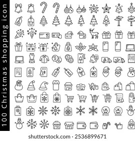 A collection of 100 festive Christmas shopping icons in a minimalist style, featuring gifts, decorations, and holiday symbols.