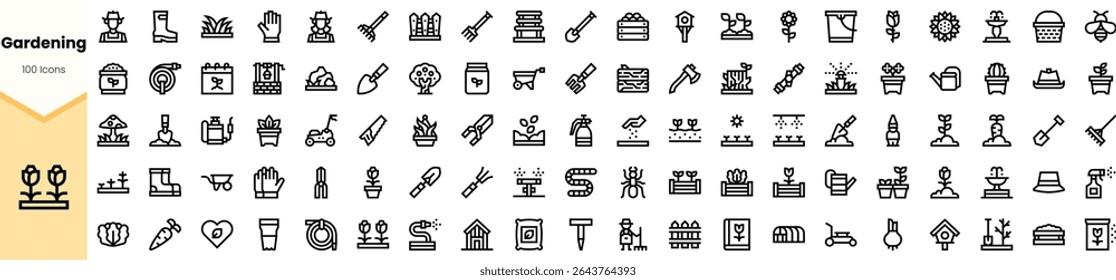 A collection of 100 gardening icons in minimalist line art style, featuring plants, tools, pots, and garden elements, perfect for nature enthusiasts.