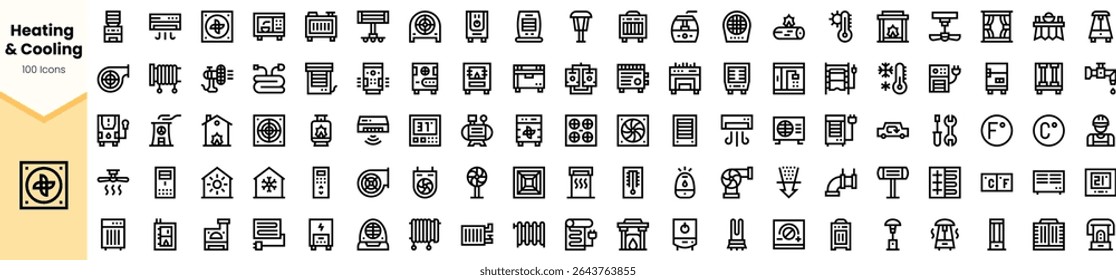 A collection of 100 icons representing heating and cooling systems, featuring various appliances and devices in a minimalist style.