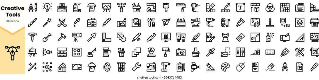 A collection of 100 line icons representing various creative tools including writing, design, photography, and more, showcasing versatility for artistic projects.