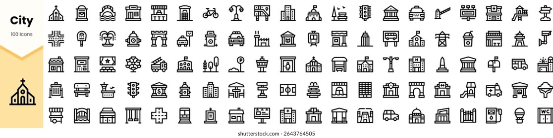 A collection of 100 minimalist city-themed icons, featuring buildings, transportation, and urban features, all designed in a monochrome style for modern aesthetics.
