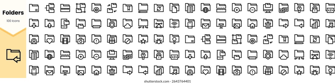 A collection of 100 minimalist folder icons, featuring various styles and designs. Ideal for enhancing digital interfaces with clear organization.