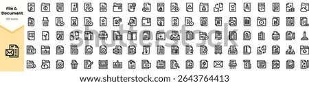 A collection of 100 minimalist icons representing files and documents in a modern style, showcasing various tools and elements related to organization and productivity.
