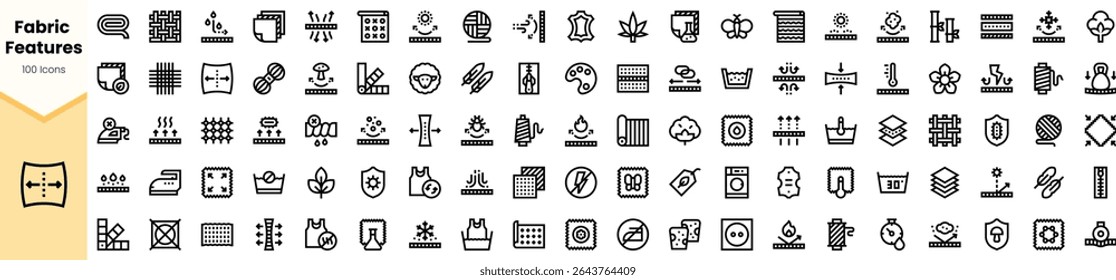 A collection of 100 minimalistic icons representing various fabric features, showcasing versatility and style in design. Ideal for textile industry and fashion apps.