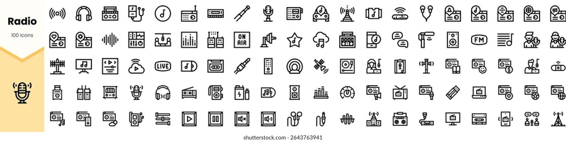 A collection of 100 minimalistic radio-themed icons in black and white, showcasing various elements like microphones, speakers, and audio waves, ideal for modern media design.
