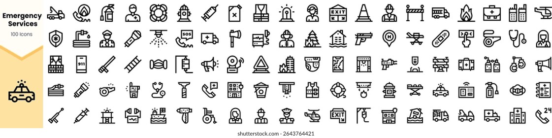 A collection of 100 monochrome icons representing various emergency services, showcasing tools, vehicles, and roles essential for public safety and response.