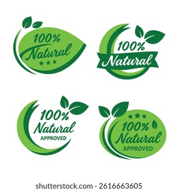 A collection of 100% natural labels featuring green leaf designs, perfect for branding organic, eco-friendly, and certified natural products