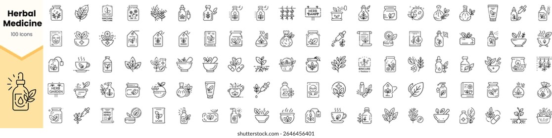 A collection of 100 outline icons representing various aspects of herbal medicine, including plants, jars, teas, and other herbal remedies, showcasing natural wellness.
