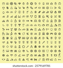 A collection of 100 small, black, minimalist icons on a yellow background, featuring various everyday objects, symbols, and technology items. User interface icon vector set.