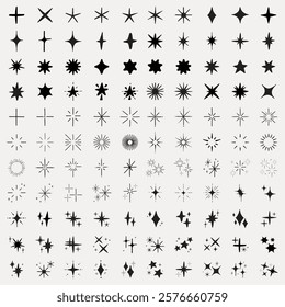 Collection of 100 starburst vector icons. Starburst designs vary in shape and size. Perfect for graphic design, logos, and creative projects. Element vector set.