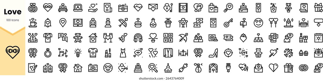 A collection of 100 stylized love-themed icons, featuring symbols of romance, affection, and celebrations, arranged neatly for easy reference.