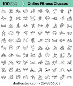 A collection of 100 unique linear icons representing various online fitness classes, showcasing diverse activities and exercises for all fitness levels.