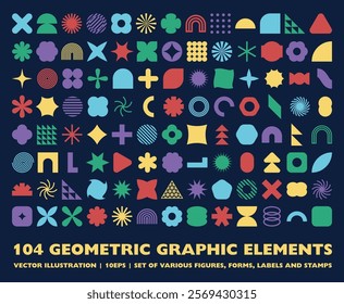 Collection of 104 geometric graphic elements. Brutalist style abstract shapes. Retro design. Vector illustration 