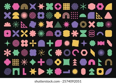 Collection of 104 geometric graphic elements. Brutalist style abstract shapes. Retro design. Vector illustration 