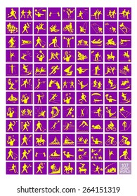 Collection of 107 Winter and Summer Sport Icons in Yellow and Purple Colors.
