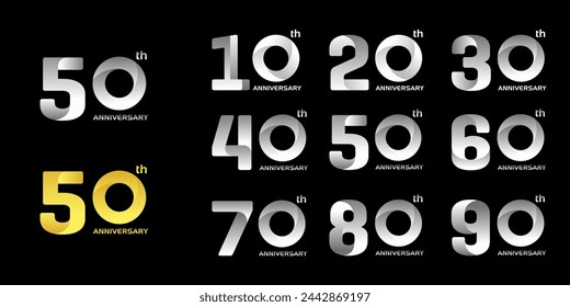 Collection of 10th to 100th Anniversary vector template designs with fancy number style in silver color for celebration events, weddings, greeting cards and invitations