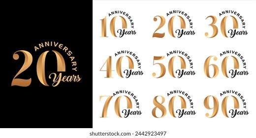 Collection of 10th to 100th Anniversary vector template designs with modern number style in gold color for celebration events, weddings, greeting cards and invitations