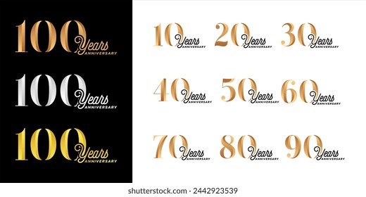 Collection of 10th to 100th Anniversary vector template designs with various styles of luxury numbers in gold color for celebration events, weddings, greeting cards and invitations