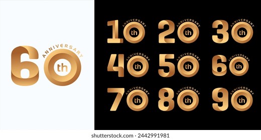 Collection of 10th to 100th Anniversary vector template designs with modern number style in gold color for celebration events, weddings, greeting cards and invitations