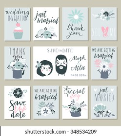 Collection of 11 cute card templates. Wedding, marriage, save the date, baby shower, bridal, birthday, Valentine's day. Stylish simple design. Vector illustration. Poster template.